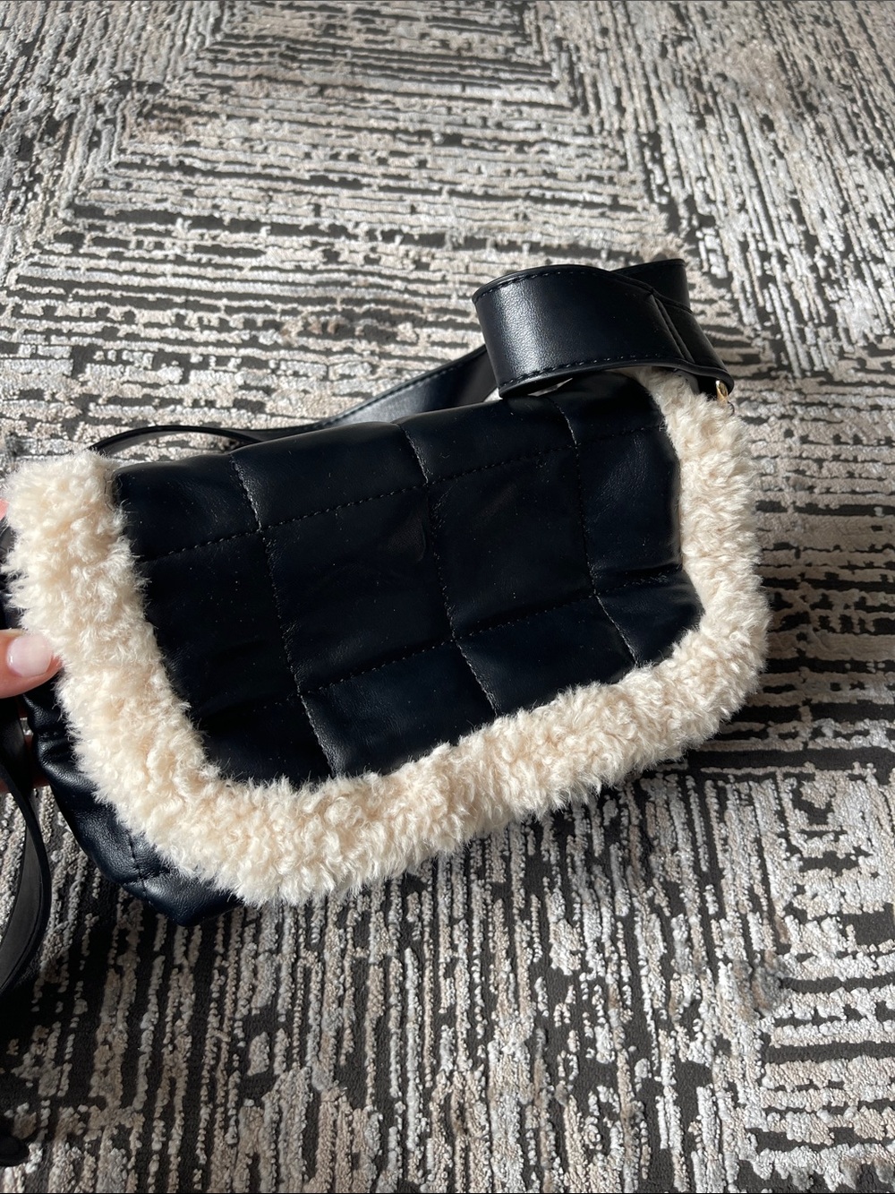 Black Faux Leather Crossbody Bag with Cream Shearling Trim